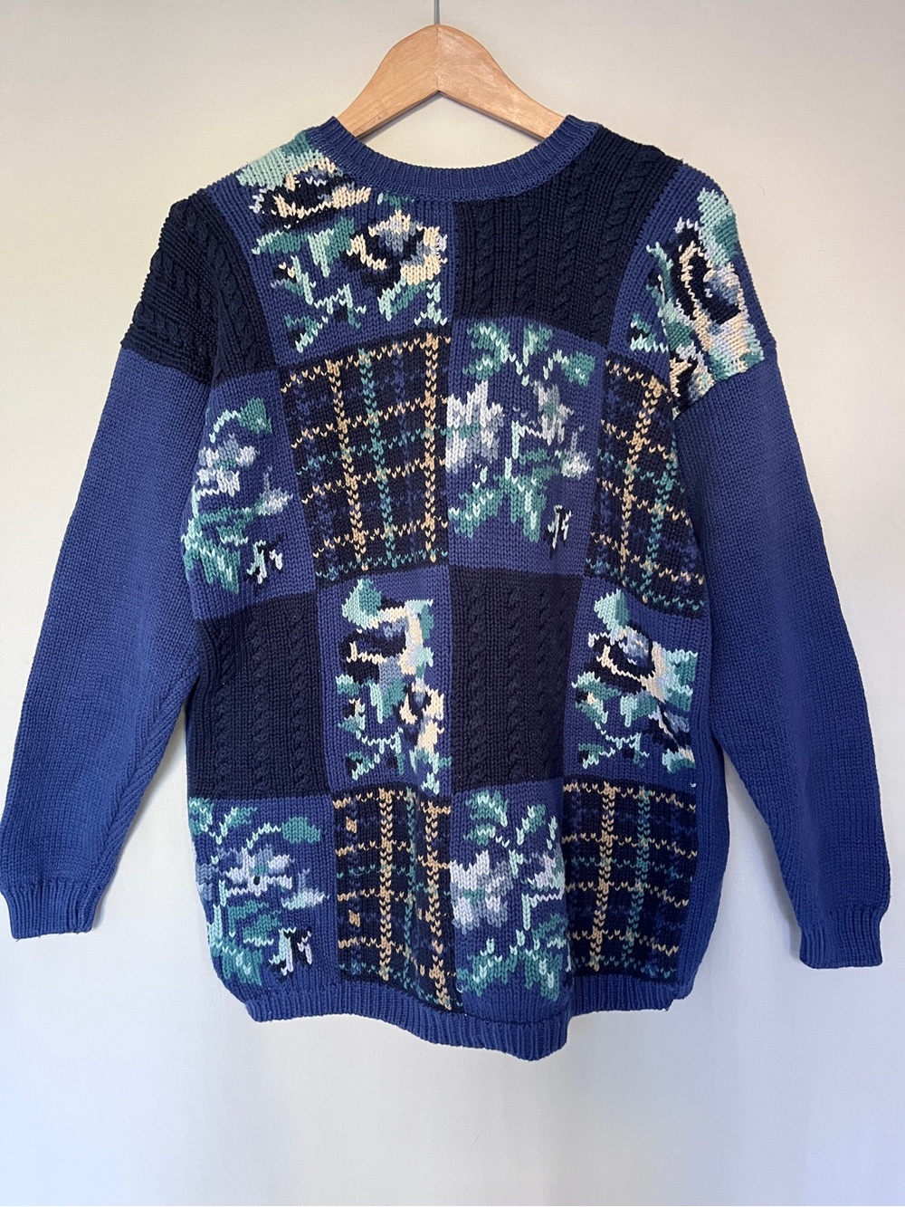 Kari 100% Cotton Patchwork Sweater | Floral Plaid Cottagecore Knit Vintage 90s M
